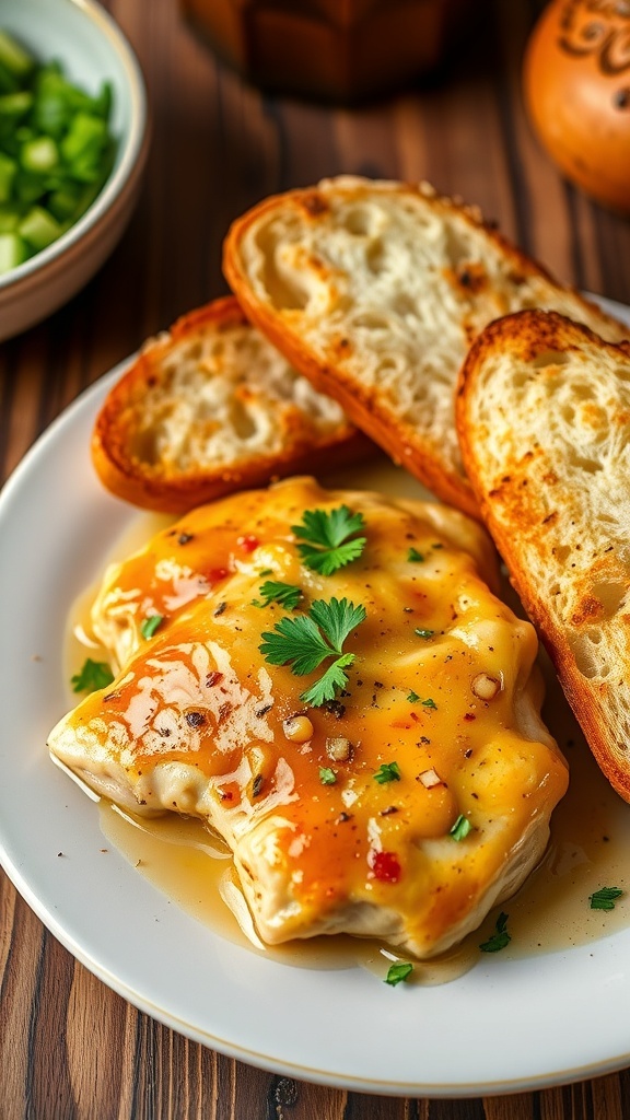 Garlic Butter Chicken with Toasted Garlic Bread Garlic butter chicken with parsley on a plate, served with crispy garlic bread on a rustic table.